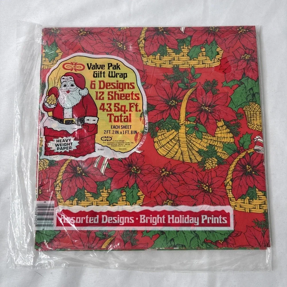 Vtg Lot Of 4 Christmas Wrapping Paper NOS Sealed 187 Sq Ft Total Red Poinsettia